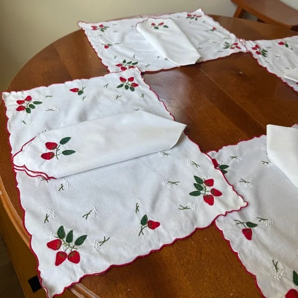 Vintage Strawberry Embroidered White Napkins & Placemats - set of 8